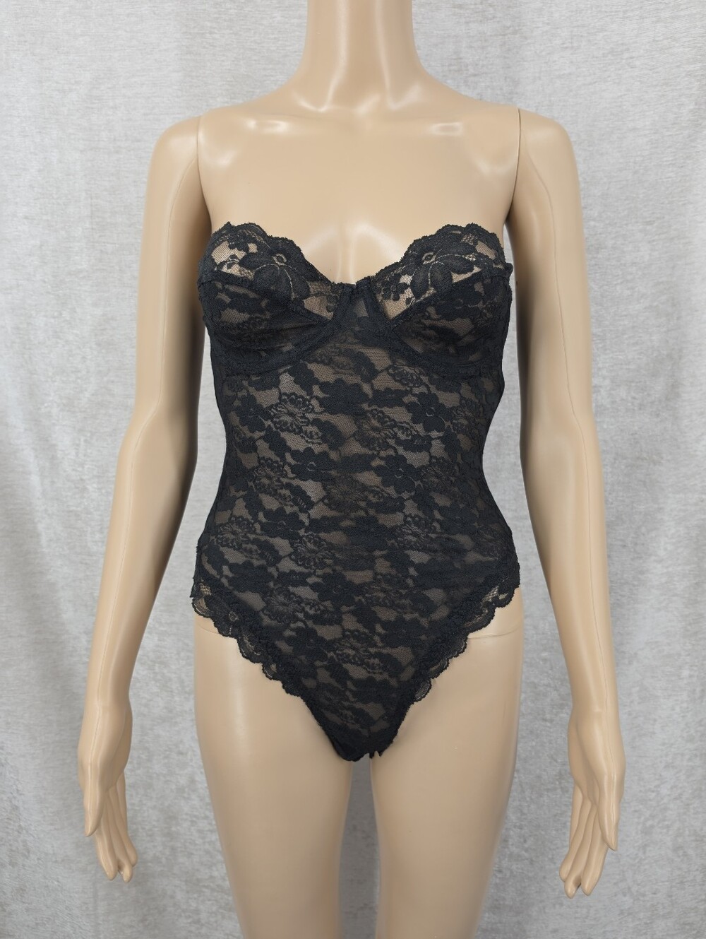 Vintage Black Lace Strapless Bodysuit Shapewear French Cut
